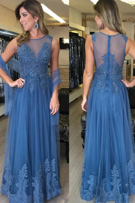 Blue Sleeveless A-line Long Tulle Prom Dress Lace Appliques Women Evening Dress DM1997 Square Neckline Feminine