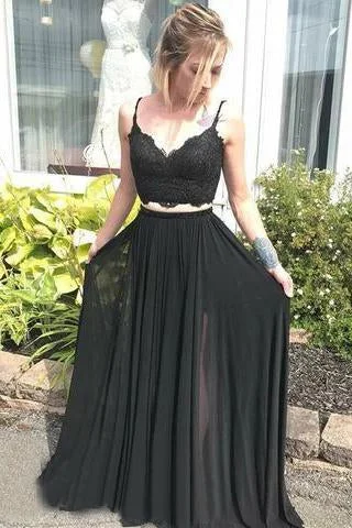 Spaghetti Strap V Neck Two Piece Long Prom Dresses Black Lace Evening Dress DMO99 Tunics Modern contemporary