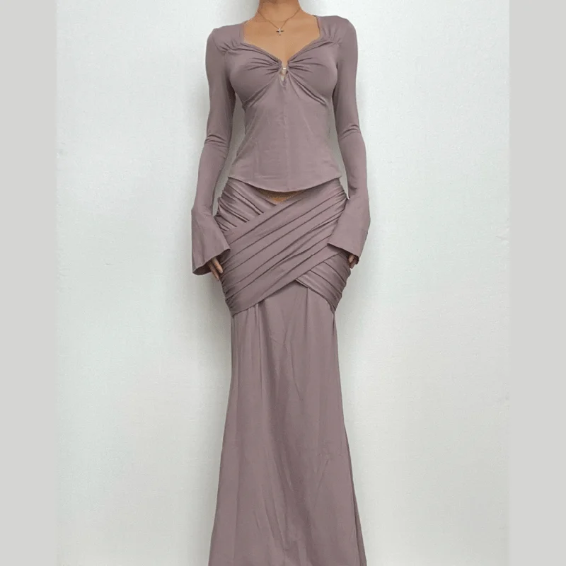 BerryBetty - Ruched long flared sleeve cross front solid maxi skirt set cashmere skirt fine