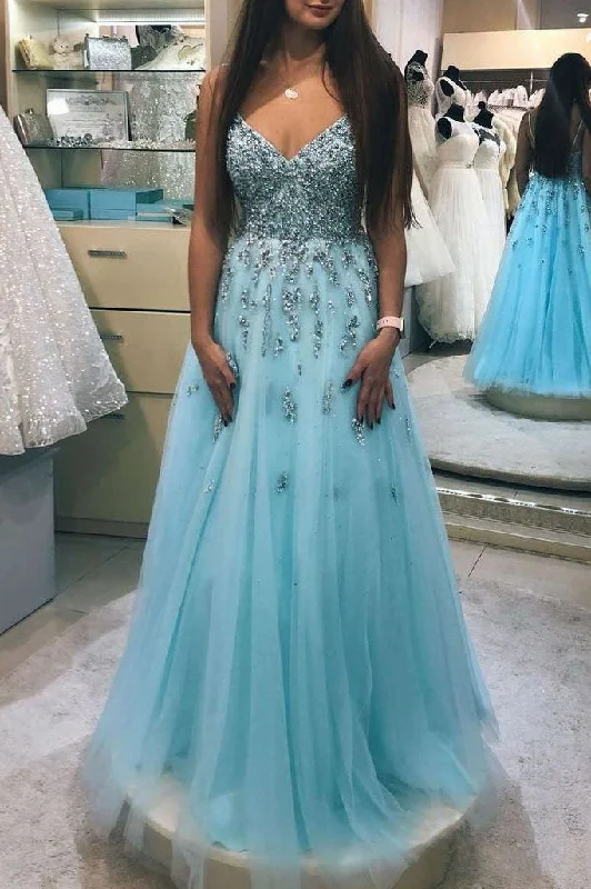 A-line V-neck Beaded Prom Dresses Lace Blue Prom Gowns DMO95 Tunics Brand named