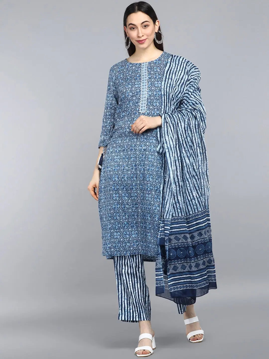 Ahika Pure Cotton Printed Kurta Pant Dupatta-VKSKD1036AB_XS Fashionable Work Pants