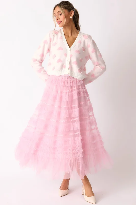 Walk In The Garden Light Pink Ruffle Tulle Midi Skirt denim skirt casual