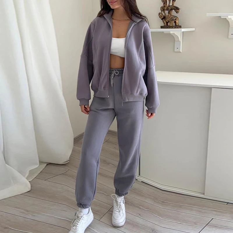 Advbridge Elegant Tracksuit Solid 2Pc Set Fashion Zipper Lapel Sweatshirt & Elastic Waist Pant Suit Women Casual Long Sleeve Loose Outfit Casual Drawstring Pants