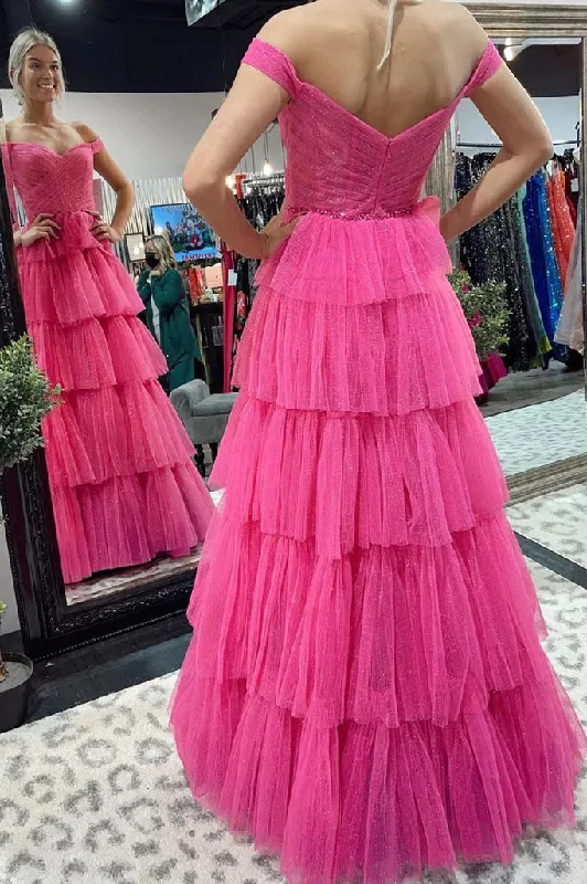 Off the Shoulder Hot Pink High Low Prom Dresses, Formal Evening Dresses DM1960 Tunics Luxurious high-end