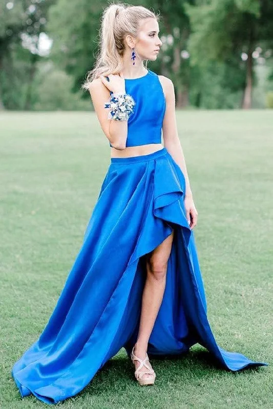 Blue Two Piece Prom Gown with Asymmetrical Skirt lace skirt delicate
