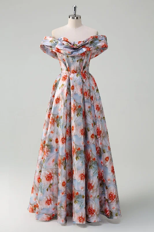 Blue Red Flower A Line Off The Shoulder Ruched Long Prom Dress Tunics Travel practical