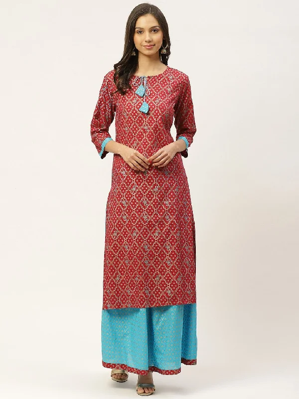 Women's Red & Blue Ethnic Motifs Hand Printed Kurta with Skirt - Maaesa linen skirt light