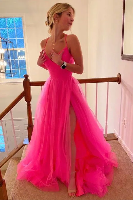 Hot Pink A-line V-neck Long Prom Dresses, Tulle Spaghetti Straps Graduation Dress DMP076 Tunics Running lightweight