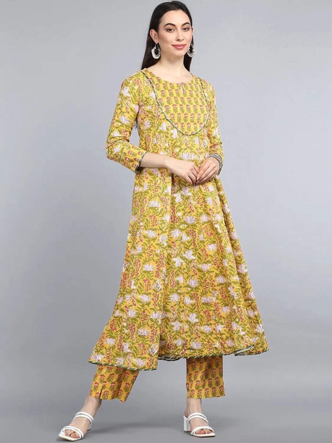 Ahika Cotton Printed Anarkali Kurta Pant Set Casual Wide Pants