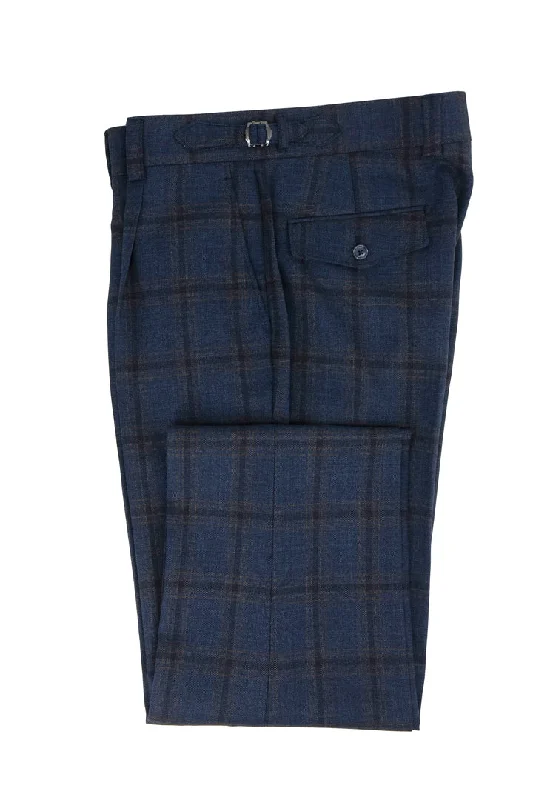 Tiglio Luxe Blue with Brown Windowpane Semi-Wide Leg Wool Marbella Dress Pants TL8101 Stylish Casual Pants