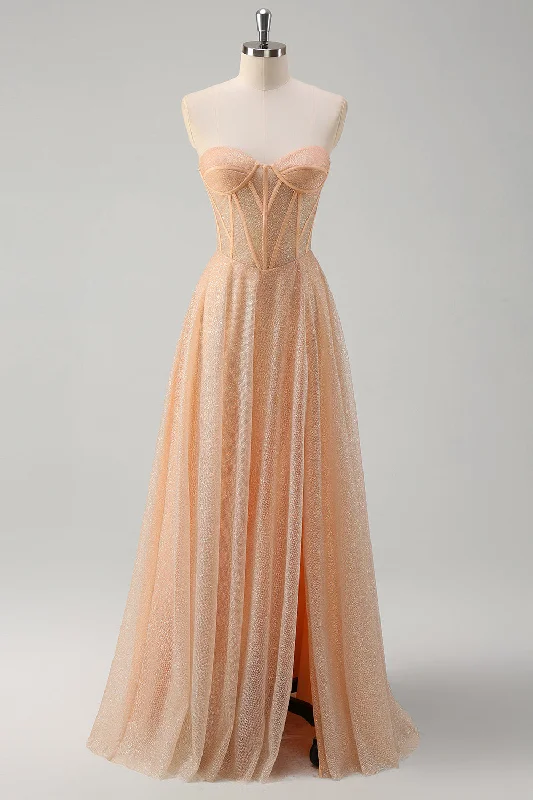 Glitter Champagne A Line Corset Strapless Prom Dress with Slit Tunics Polka dots