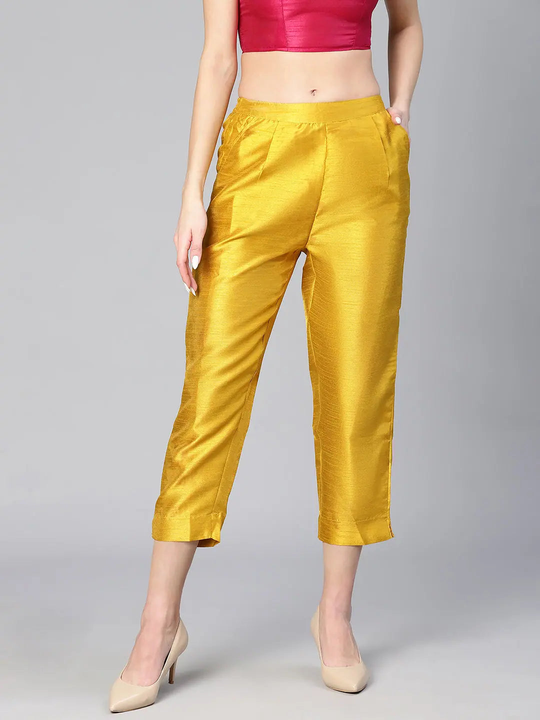 Women soild mustard dupion silk elasticated pant Classic Straight-Leg Pants