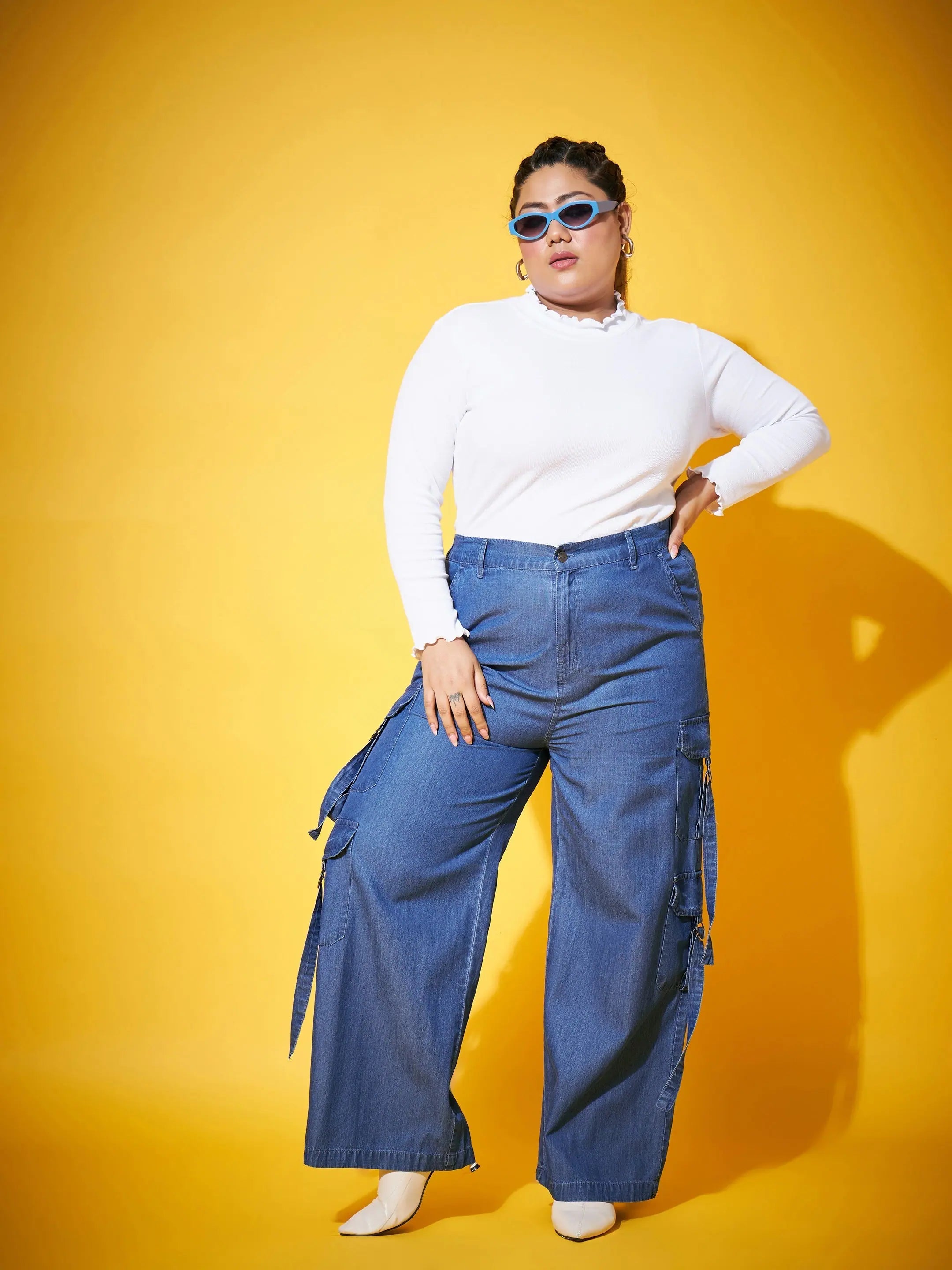 Women Blue Washed Tencel Pocket Cargo Pants Casual Plaid Pants