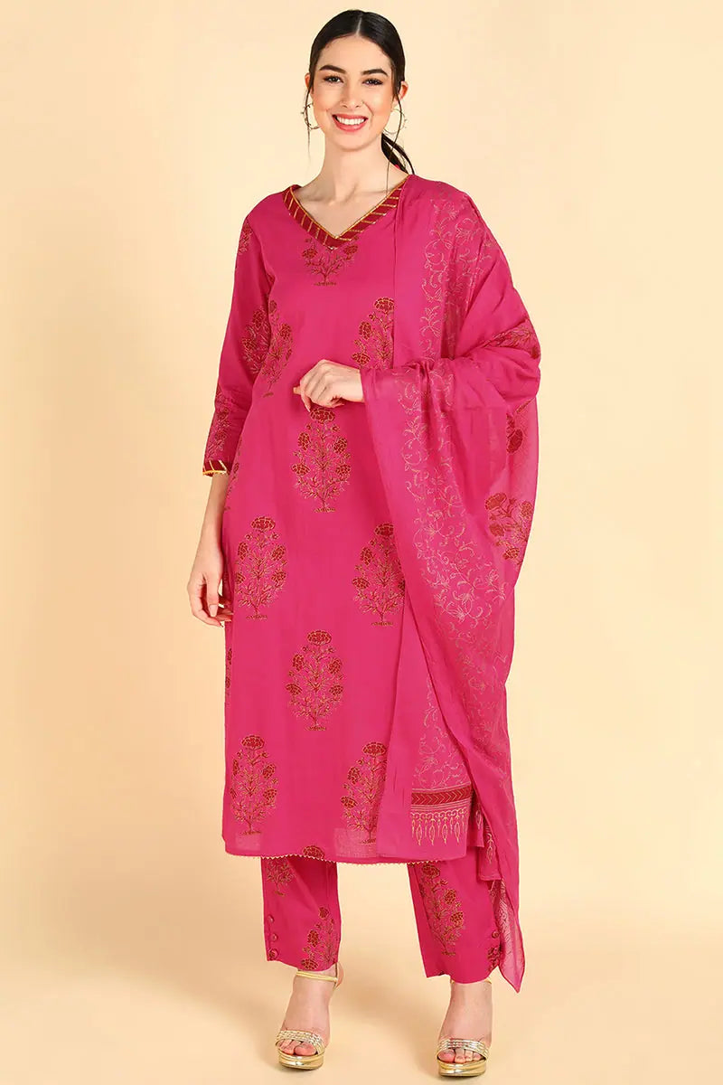 Ahika Pure Cotton Printed Kurta Pant Dupatta-VKSKD1056AB_S Stylish Paperbag Waist Pants