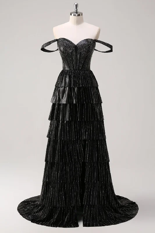 Sparkly Black Silver A Line Off The Shoulder Corset Tiered Prom Dress with Beading Tunics Evening elegant