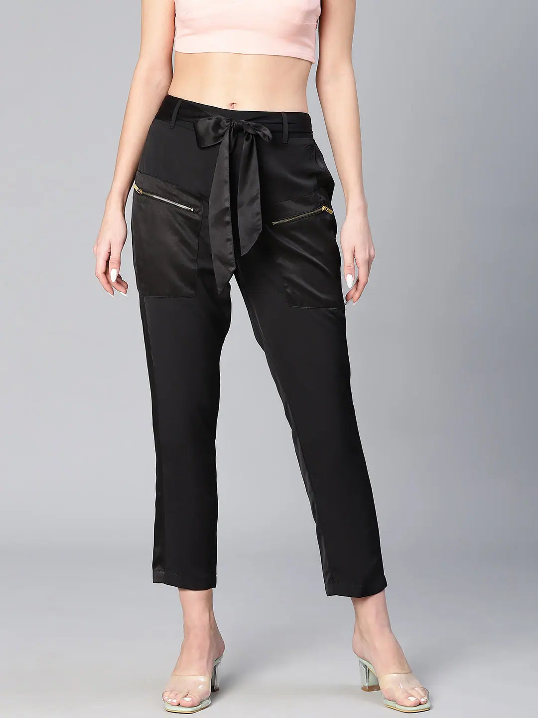 Women soild black elasticated zip detail satin pants Fashionable Jogger Pants