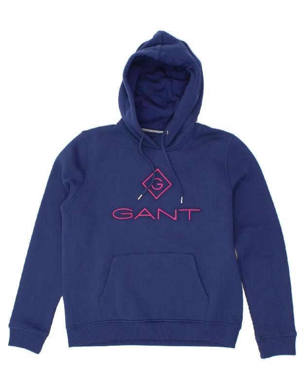 GANT Womens Graphic Hoodie Jumper UK 14 Medium Blue Cotton Hoodie with Neon Bright Vibrant