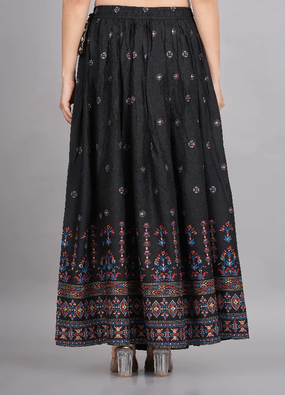 Women's Black & Pink Rayon Ethnic Printed Circular Skirt - House Of Rp corduroy skirt cozy