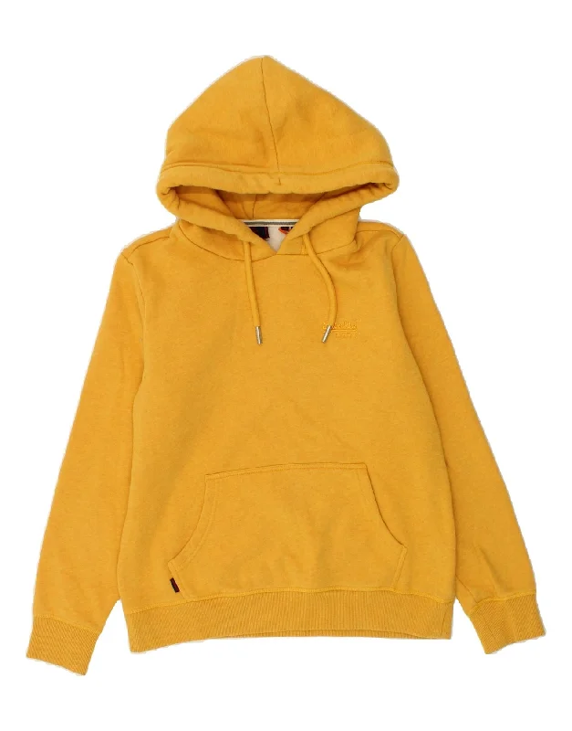 SUPERDRY Womens Hoodie Jumper UK 12 Medium Yellow Cotton Hoodie with Raw Hem Edgy Unfinished
