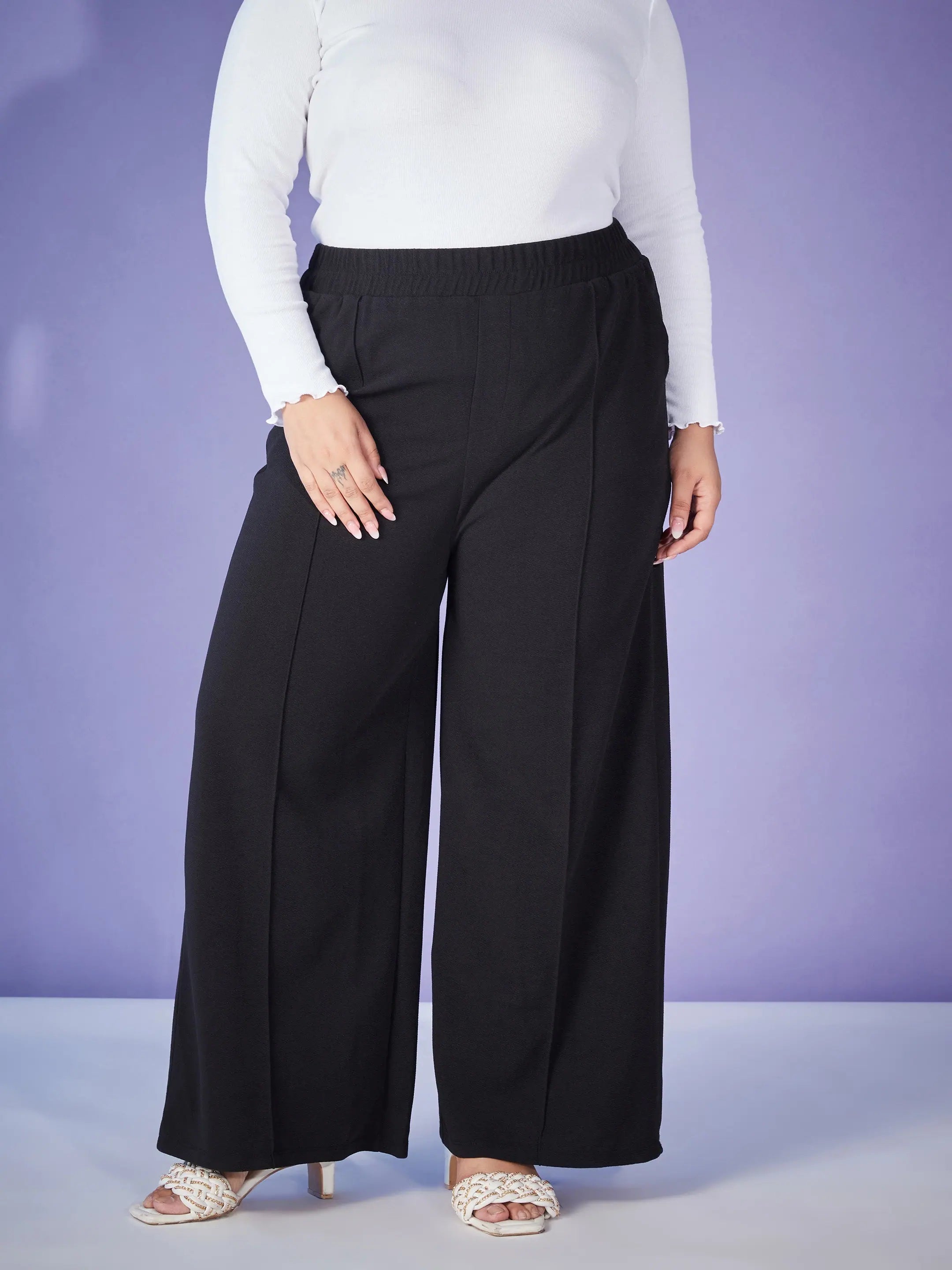Women Black Elasticated Straight Pants Comfortable Wide-Leg Pants