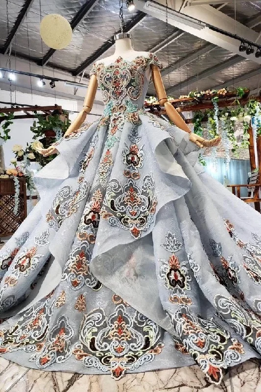 Ball Gown Light Blue Cap Sleeve Long Prom Dresses, Beaded Lace up Quinceanera Dresses DMN75 Tunics Short Trendy