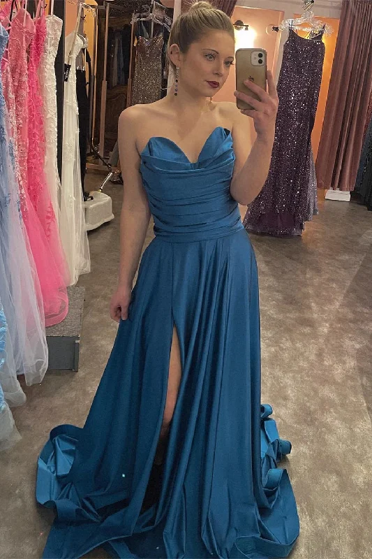 Ink Blue Strapless Satin A-line Pleated Long Prom Dress with Slit DR16295 Tunics Trendy modern