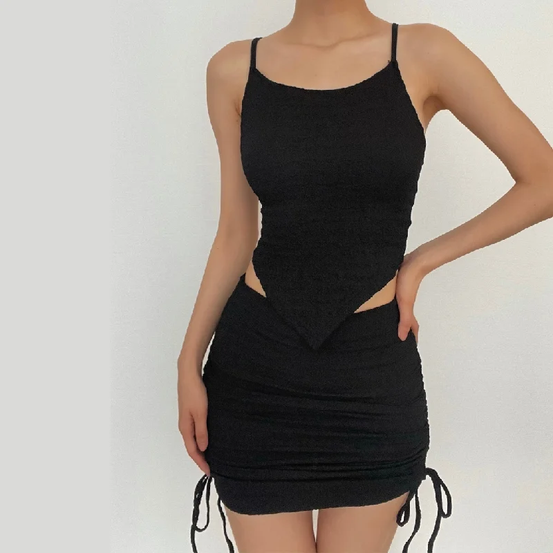 BerryBetty - Corss back lace up drawstring ruched solid cami skirt set velvet skirt glossy