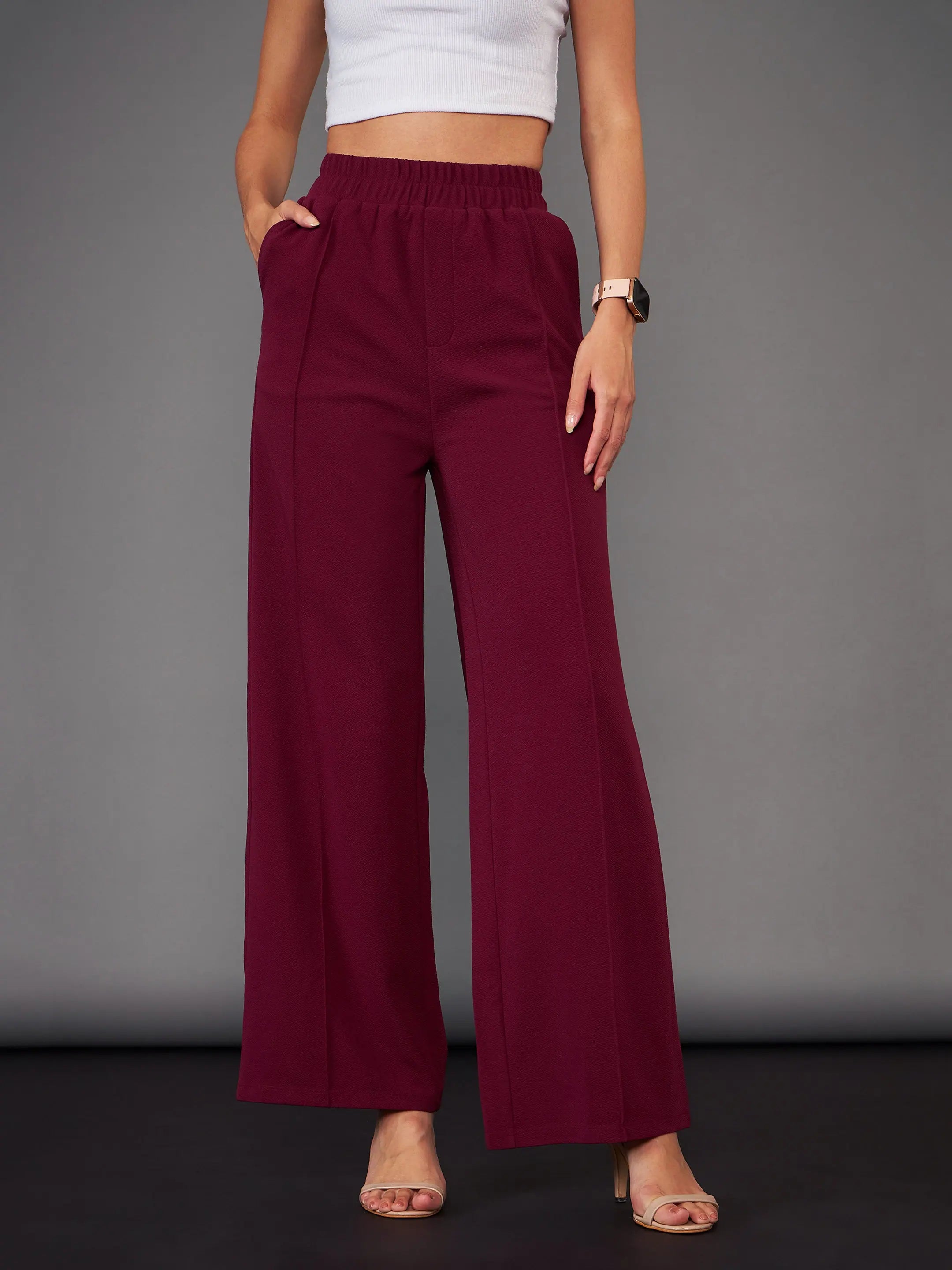 Women Burgundy Front Darted Palazzo Pants Fashionable Tapered Leg Pants