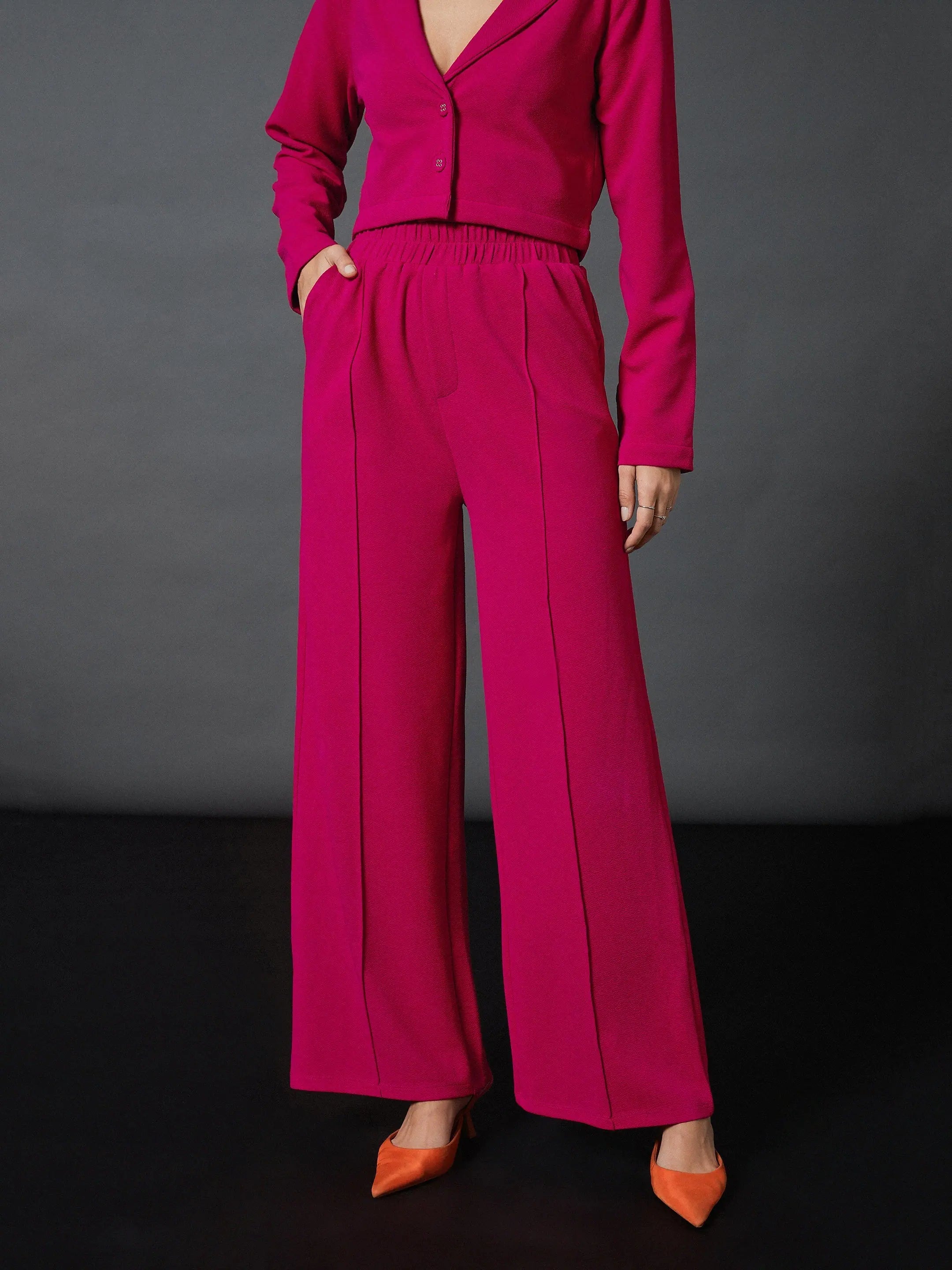 Women Pink Front Darted Palazzo Pants Comfy Zip-Up Pants
