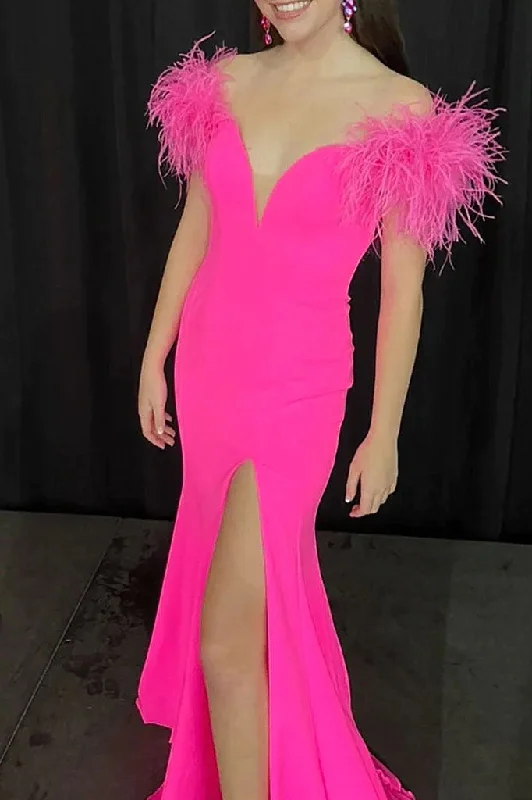 Off the Shoulder Hot Pink Long Prom Dresses With Slit,  Formal Evening Dresses DM1986 Tunics Versatile stylish