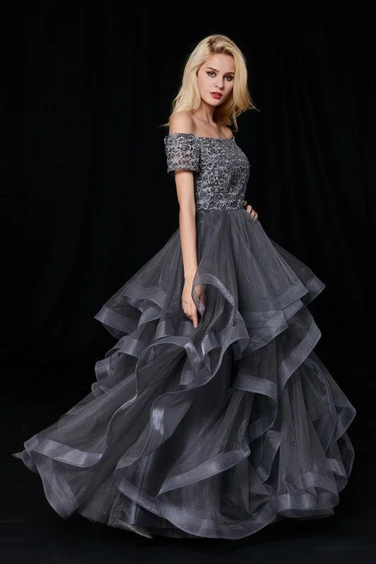 Off-the-shoulder Lace Grey Prom Gown with Netting Trim Skirt pleated skirt texture