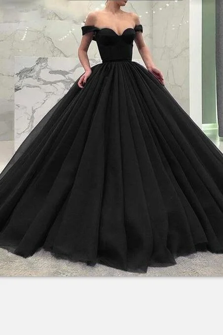 Off-the-shoulder Black Prom Gown with Puffy Tulle Skirt leather skirt bold