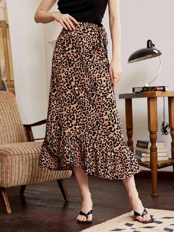 Leopard Ruffle Hem Midi Skirt corduroy skirt cozy