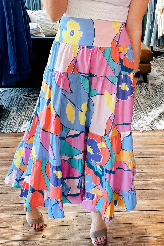 Pink Printed Pocketed High Waist Maxi Skirt button skirt front