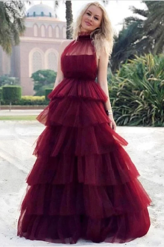 High Neck Burgundy Tulle Evening Gown with Tiered Skirt maxi skirt elegant