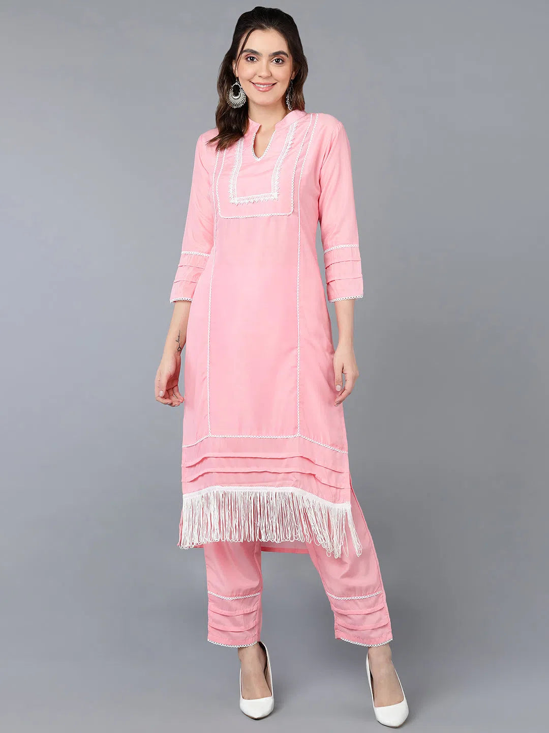 Poly Silk Pink Solid Kurta Pant With Comfortable Denim Trousers