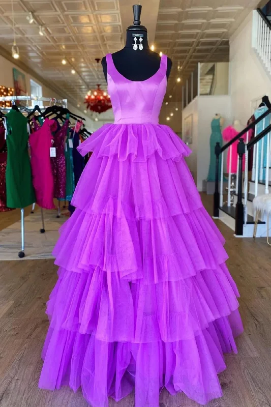 Backless Purple High Low Tired A Line Prom Dresses, Formal Evening Dresses DM1990 Tunics Spring floral