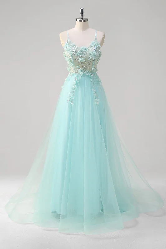 Green A Line Spaghetti Straps Sequin Tulle Prom Dress With 3D Flowers Tunics Recommended stylist