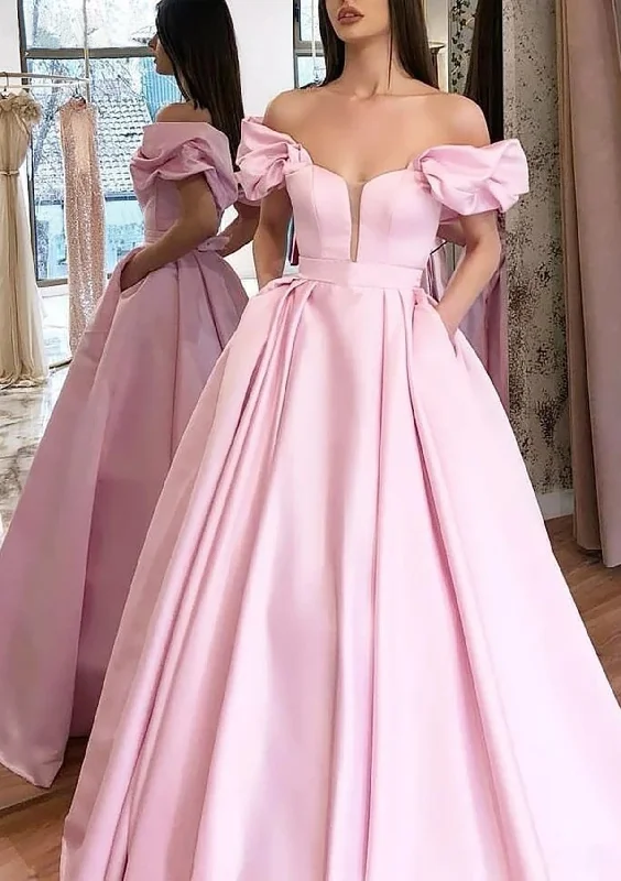 Princess Off Shoulder Plunging Puff Sleeve Pink Satin Prom Dress, Pleated Pockets Tunics Canvas sturdy