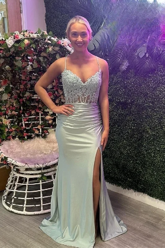 Dusty Sage Appliques Straps Mermaid Satin Long Prom Dress with Slit DR1507 Tunics Practical easy-care