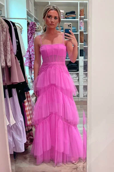 A Line Hot Pink New Arrival Spaghetti Straps Floor Length Prom Dresses With Ruffles DMP114 Tunics Office stylish