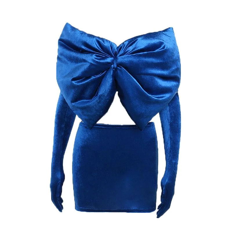 BerryBetty - Bowknot solid velvet gloves backless 2 piece tube skirt set corduroy skirt textured