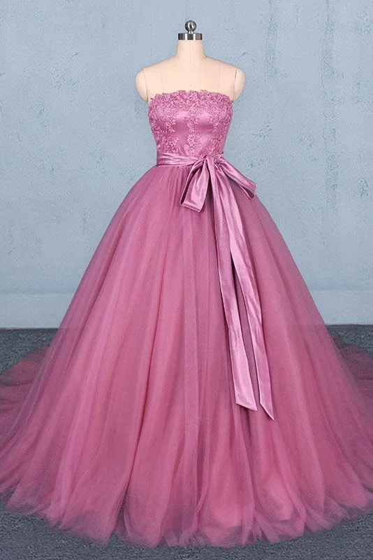 Strapless A Line Tulle Lace Appliques Prom Dresses, Long Formal Dress DMQ22 Tunics Chic fashionable