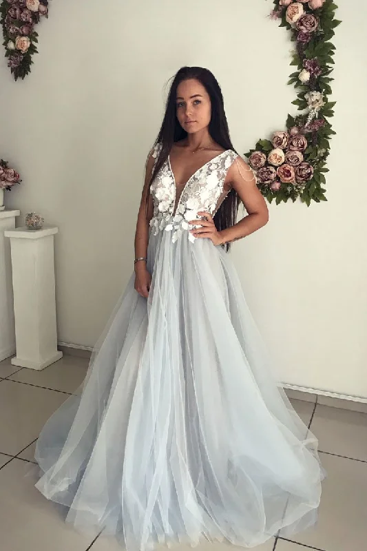 A Line V Neck Tulle Long Appliques Prom Dress, Evening Gown DMP80 Tunics Luxurious high-end