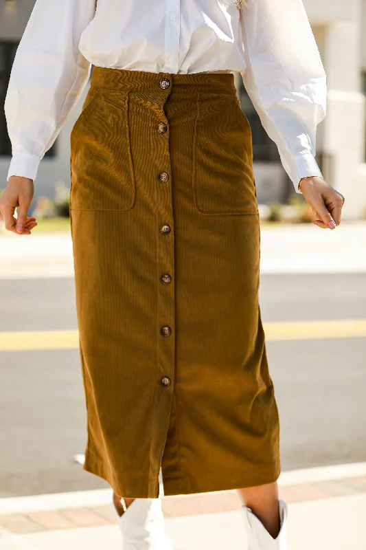 FINAL SALE - Iconic Vibes Olive Corduroy Midi Skirt - DOORBUSTER denim skirt stylish