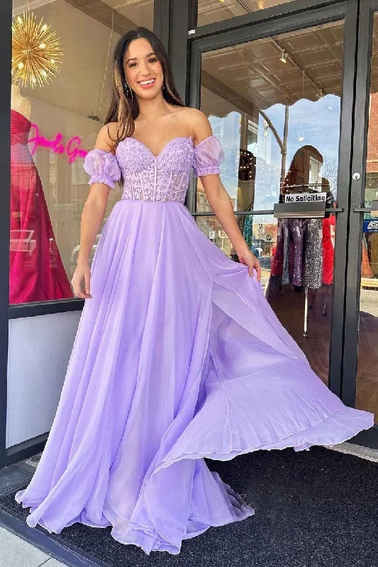 Charming A Line Sweetheart Lavender Chiffon Prom Dresses with Lace DMP287 empire Waist empire