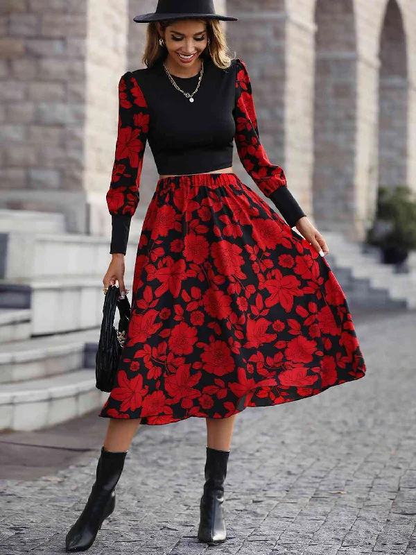 Round Neck Lantern Sleeve Floral Print Top and Skirt Set velvet skirt glossy