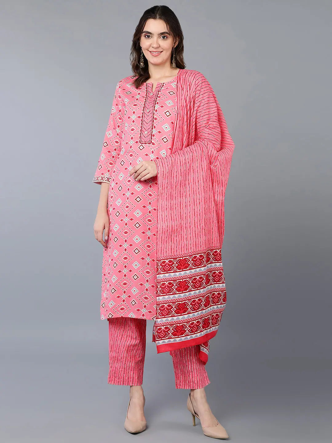 Cotton Pink Geometric Printed Kurta Pant With Formal Wide-Leg Pants