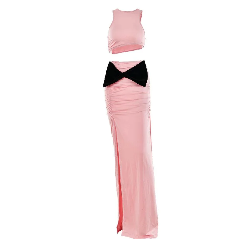 BerryBetty - Bowknot contrast sleeveless slit ruched maxi skirt set denim skirt trendy