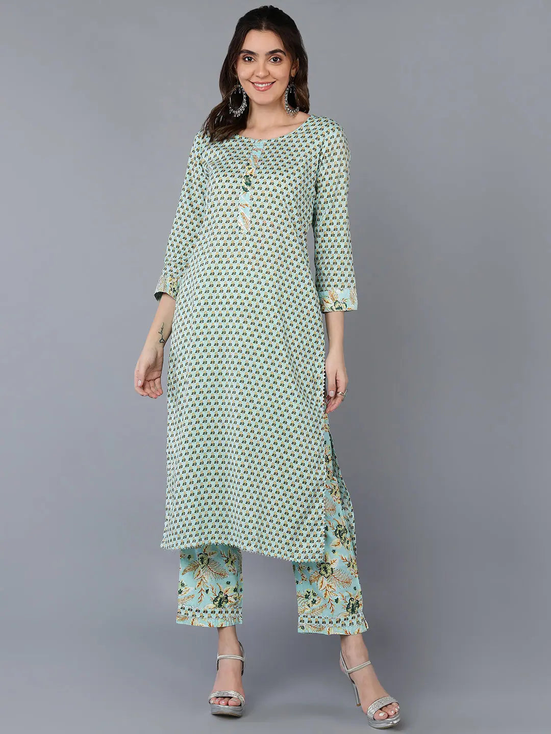 Cotton Sea Green Ethnic Printed Kurta Pant Classic Pleated Pants